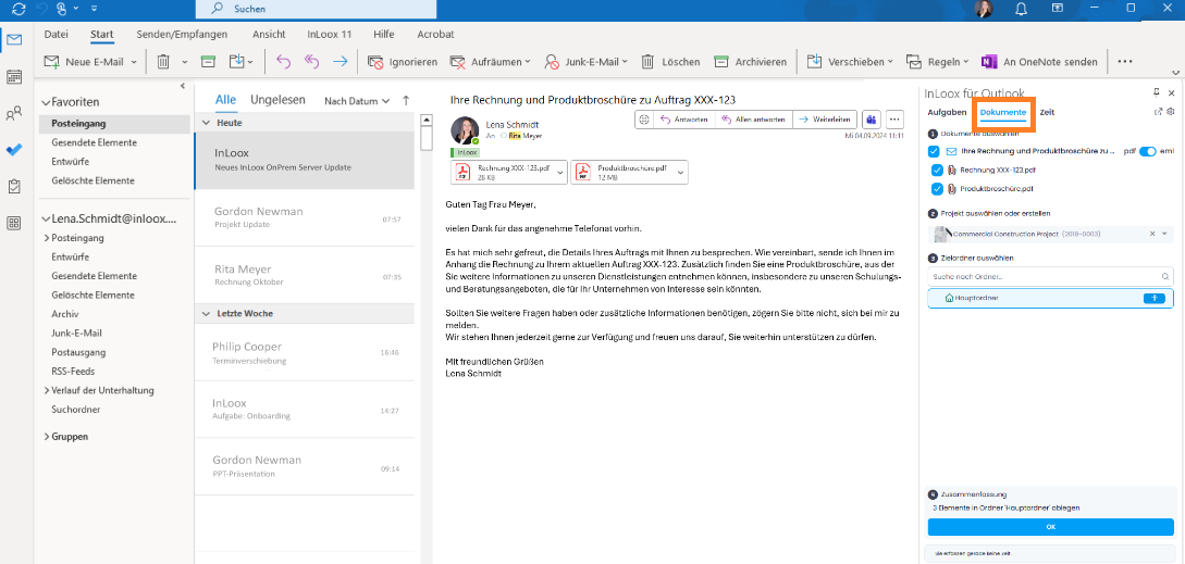Tab Dokumente im InLoox für Outlook Seitenpanel