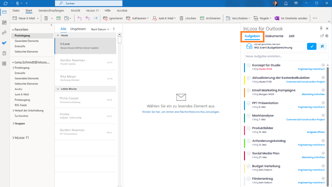 Aufgabenübersicht im InLoox für Outlook Seitenpanel