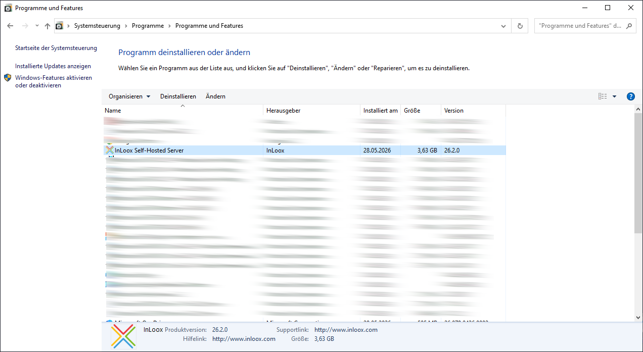 Wählen Sie InLoox Self-Hosted Server in Programme und Features aus
