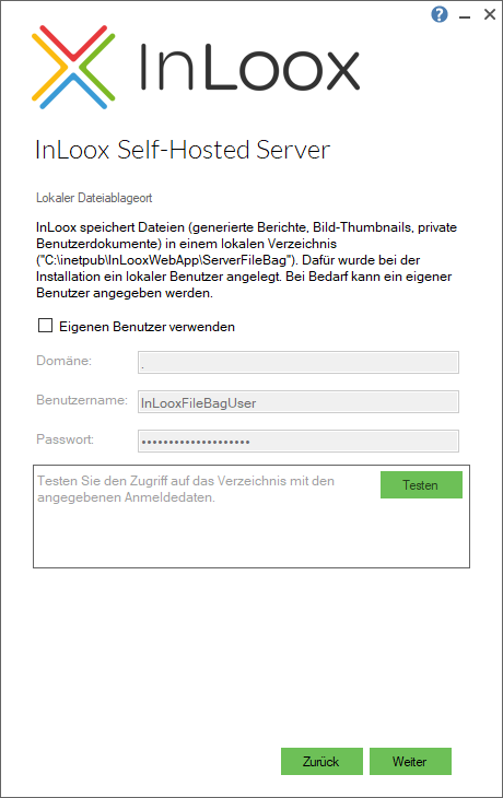 Lokale Dateiablage mit standardmäßigem InLooxFileBagUser-Konto