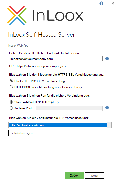 InLoox Web App-Konfiguration mit Endpunkt, SSL-Modus, Port und Zertifikatauswahl
