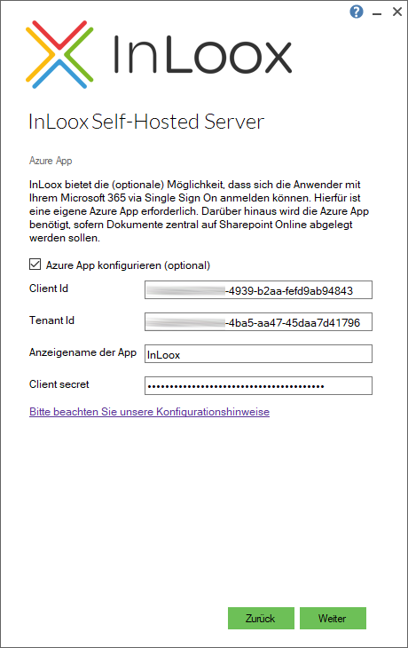Azure App-Konfiguration mit Client-ID, Tenant-ID, Anzeigenamen und Client-Geheimnis