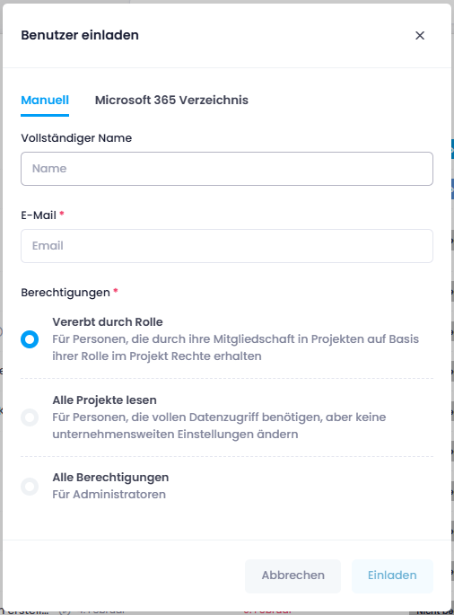 Benutzer einladen — Name, E-Mail-Adresse und Rolle