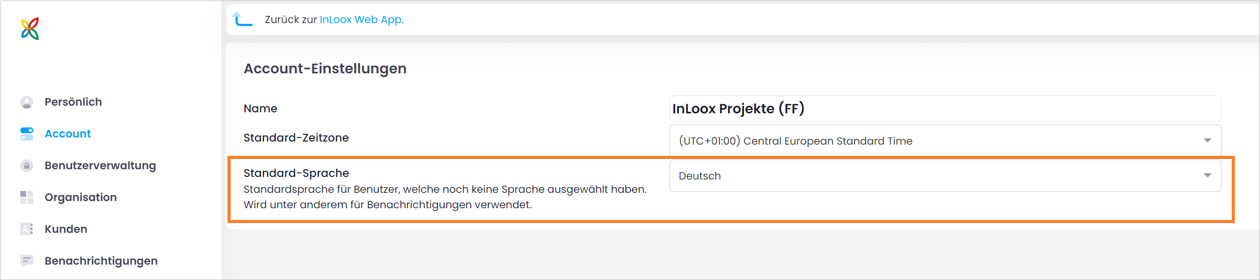 InLoox Einstellungen: Standard-Sprache für Account