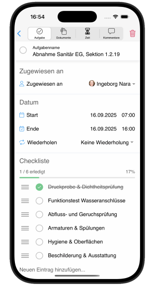 Mobile App: Checklisten in Aufgaben, Kommentare, Aufgaben in einem bestimmten Rhythmus wiederholen