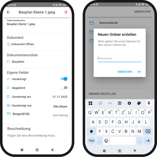 Mobile App: Dokumenten-Detailansicht und Ordner erstellen