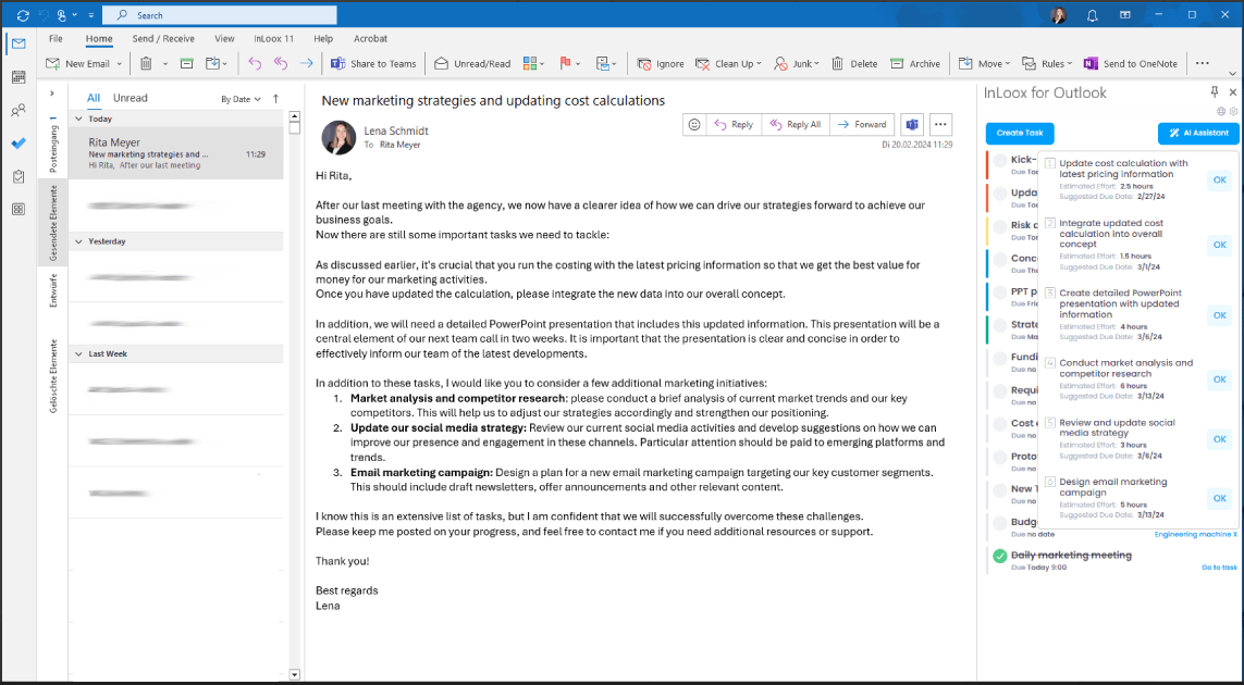 Aufgaben aus E-Mail vorschlagen lassen durch InLoox KI-Assistent