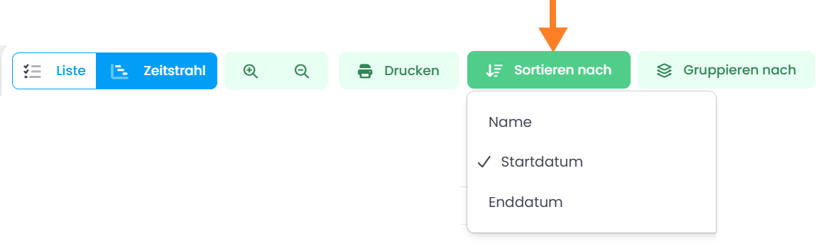 Menü Sortieren nach in der Multiprojekt-Zeitleiste