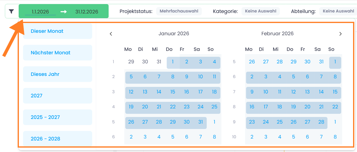 Menü für den Zeitrahmen mit vordefinierten Zeiträumen und Kalender