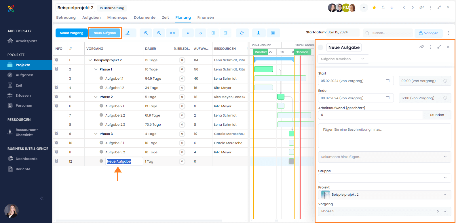 Neue Aufgabe in Gantt Planung erstellen und bearbeiten