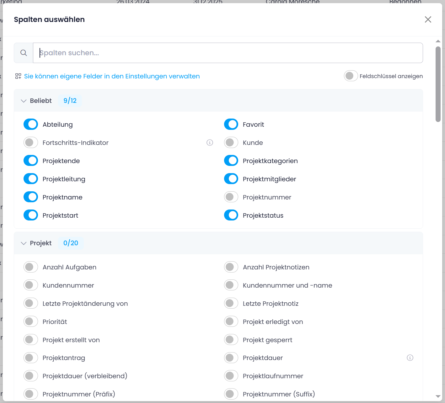 Erweiterter Spalten-Auswahldialog