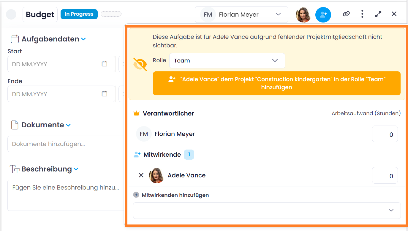 Hinweis, dass ein Mitwirkender die Aufgabe nicht lesen kann