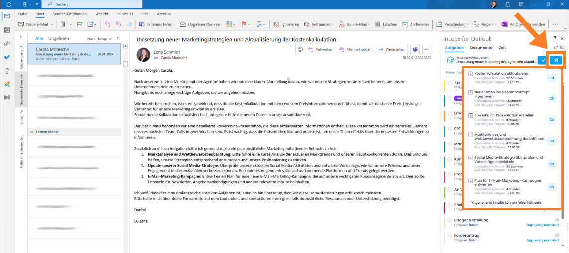 Aufgaben aus E-Mail vorschlagen lassen durch InLoox KI-Assistent