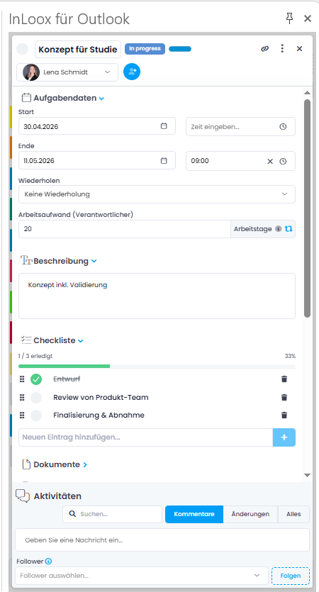 Aufgabe bearbeiten im InLoox für Outlook Seitenpanel