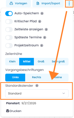 Standardkalender im Drei-Punkte-Menü der Planung