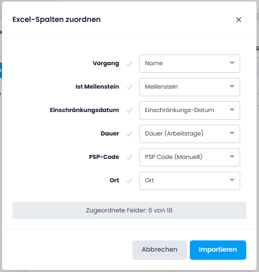 Fenster Excel-Spalten zuordnen