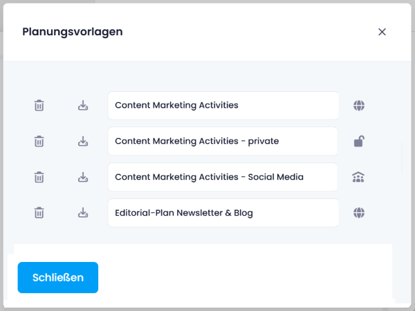 Planungsvorlagen mit Veröffentlichungsstatus
