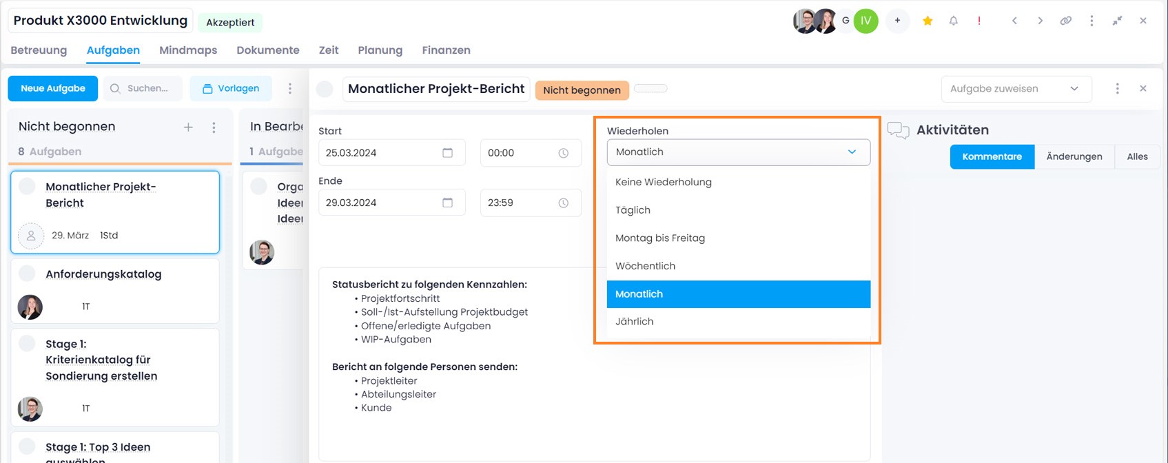 Einstellungen für wiederkehrende Aufgaben