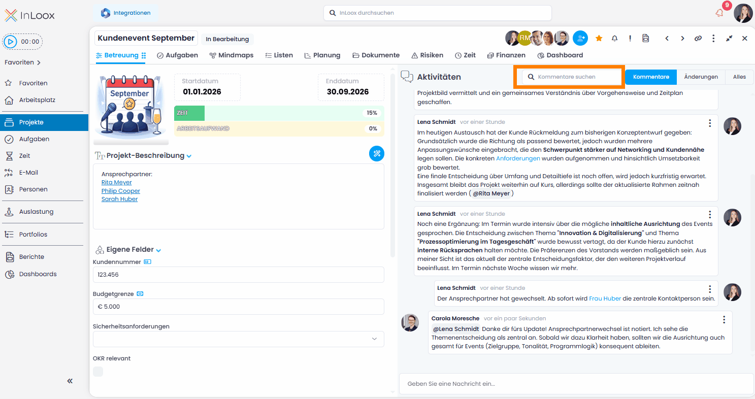 Durchsuchen Sie Kommentare auf Projekt- oder Aufgabenebene