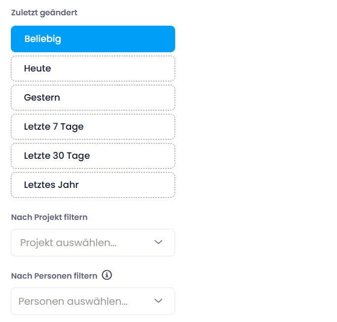 Suchfilter für Datum, Projekt und Personen Suchfilter für Datum, Projekt und Personen
