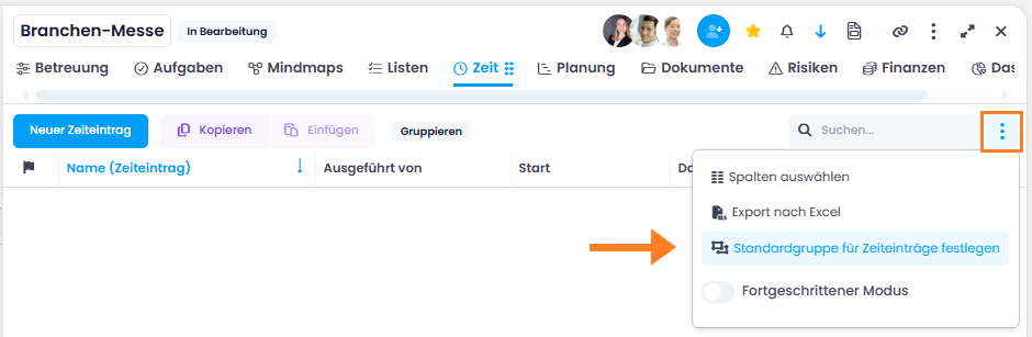 Standardgruppe für Zeiteinträge festlegen