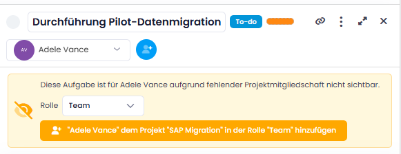 Hinweis, dass die zugewiesene Person die Aufgabe nicht öffnen kann