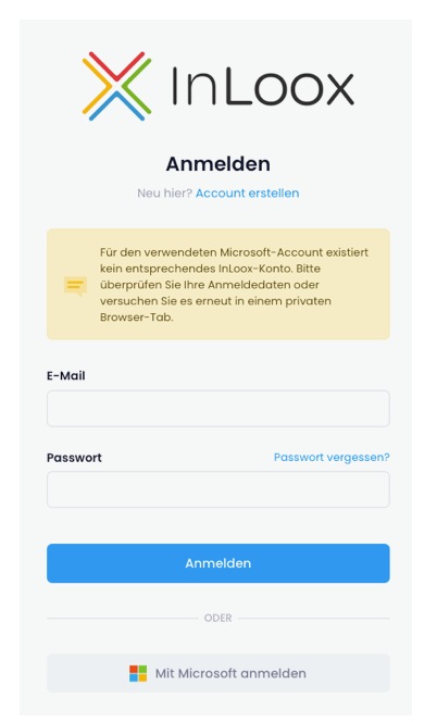 Anmeldebildschirm mit Fehlermeldung