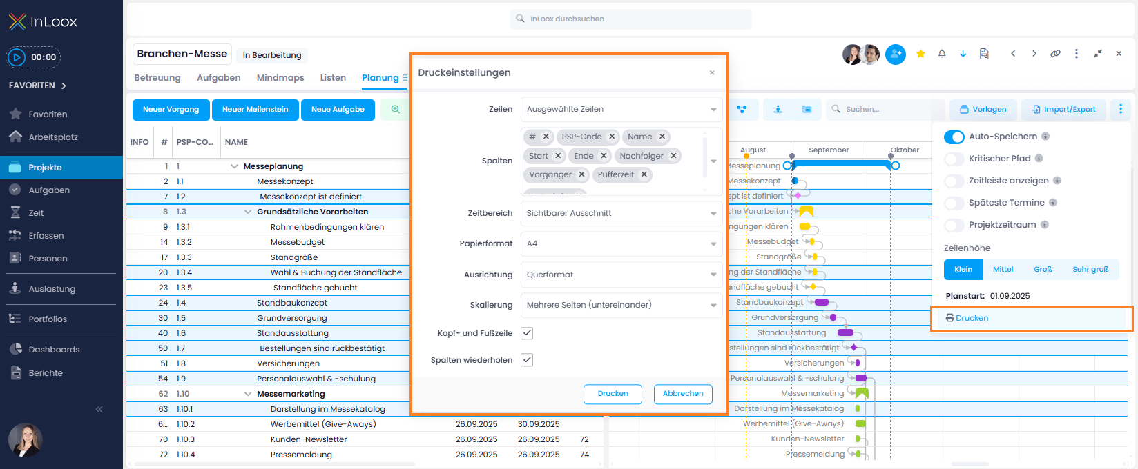 Optionen beim Drucken der Gantt-Planung