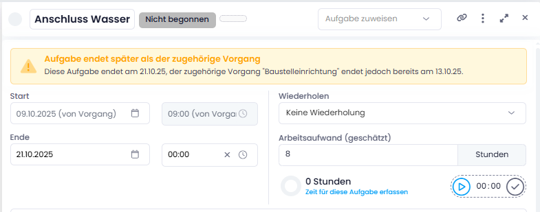 Warnung bei Aufgaben außerhalb des Vorgangs