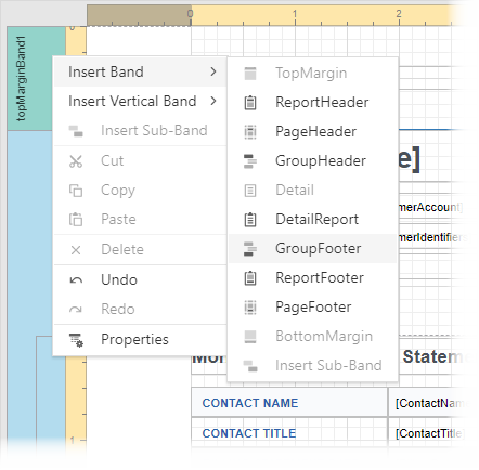 Web-Berichts-Designer - Kontextmenü für Bänder