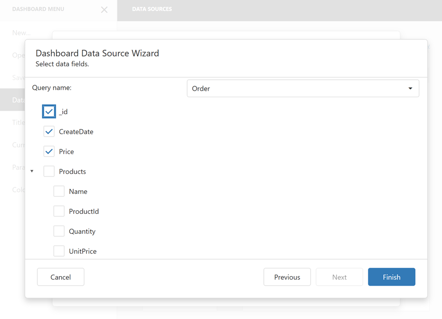 Select Data Fields - Web Dashboard