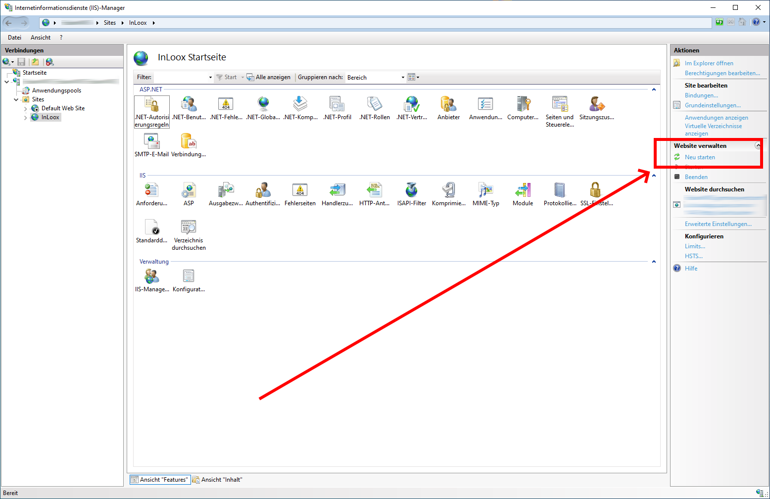 InLoox-Website im IIS-Manager neu starten